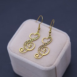 Oro 304 pendientes colgantes de acero inoxidable, nota musical con corazón, dorado, 51x12 mm