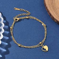 Настоящее золото 18K 304 браслеты-цепочки с подвесками в виде сердечек из нержавеющей стали, многорядные браслеты для женщин, реальный 18 k позолоченный, 6-3/4 дюйм (17 см), подвески: 10x9.5x1 мм