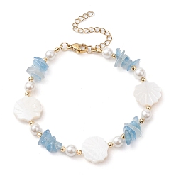 Aquamarine Natural Aquamarine Chips & Shell Pearl Beaded Bracelet, 7-3/4 inch(19.8cm)