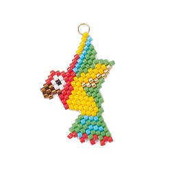 Разноцветный Подвески в виде попугаев из стеклянных бусин, с 304 кольцами из нержавеющей стали, реальный 18 k позолоченный, красочный, 34x23x2 мм, отверстие : 3 мм