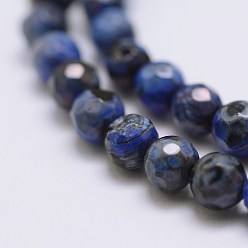 Blue Faceted Natural Fire Crackle Agate Beads Strands, Round, Dyed & Heated, Blue, 4mm, Hole: 0.8mm, about 90~92pcs/strand, 14 inch(35.6cm)