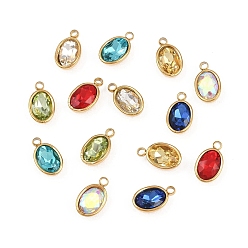 Oval Стеклянные прелести, с 201 установками из нержавеющей стали, граненые, разноцветные, ионное покрытие (ip), реальный 18 k позолоченный, овальные, 9x5x3 мм, отверстие : 1.2 мм