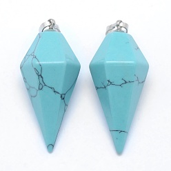 Синтетическая Бирюза Синтетические бирюзовые остроконечные подвески, с латунной фурнитурой , пуля, платина, 38.5x16x14.5 мм, отверстие : 5x8 мм