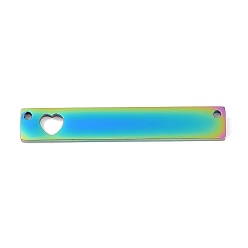 Rainbow Color Ионное покрытие (ip) 304 соединители звеньев из нержавеющей стали, пустая бирка с зеркальной полировкой, прямоугольник с пустым сердцем, лазерная резка, Радуга цветов, 36x6x1.7 мм, отверстие : 1.4 мм