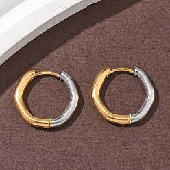 Шестиугольник 304 двухцветные серьги-кольца из нержавеющей стали, ионное покрытие (ip), реальный 18 k позолоченный и цвет нержавеющей стали, шестиугольник, 15.5x17x2.5 мм