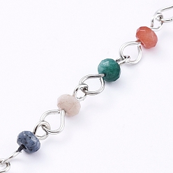 Colorful Handmade Natural Malaysia Jade Beaded Chains, with Platinum Plated Iron Eye Pin, Unwelded, Colorful, Beads: 4x3mm, about 39.37 inch(1m)/strand