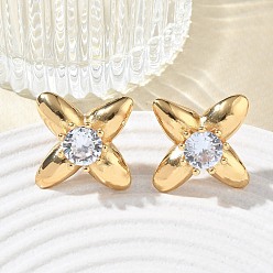 Clear 304 Stainless Steel Pave Cubic Zirconia Stud Earrings, Flower, PVD Vacuum Plating, Golden, Clear, 29.5x29.5mm