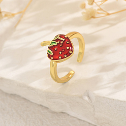 Клубника Фруктовые темы латунные манжеты открытые кольца для женщин, с эмалью, золотые, клубника, 9x8 мм, внутренний диаметр: 16мм~18мм