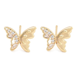 Golden Butterfly Brass Pave Clear Cubic Zirconia Stud Earrings for Women, Golden, 11.5x14x2.5mm