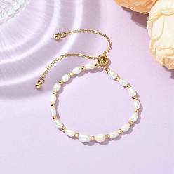 Белый Регулируемые браслеты-слайдеры из натурального культивированного пресноводного жемчуга и латунных бусин для женщин, картофель, реальный 14 k позолоченный, белые, 10.55 дюйм (26.8 см)