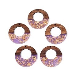 Средний Фиолетовый Подвески из непрозрачной смолы и орехового дерева, плоские круглые прелести, с блестящей пудрой и золотой фольгой, средне фиолетовый, 38x3~3.5 мм, отверстие : 2 мм