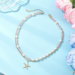 Pink Бусины хейши из натурального розового кварца и рисовые бусины из натурального жемчуга, двойной слой 304 ожерелья с подвеской в виде морской звезды из нержавеющей стали, золотые, розовые, 16.34 дюйм (41.5 см)