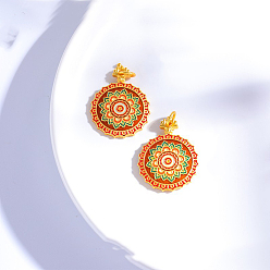Разноцветный Латуни кулон, с эмалью, плоский круг с рисунком мандалы, золотые, красочный, 31x24 мм, отверстие : 5 мм
