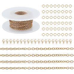 Настоящее золото 18K Наборы для изготовления ожерелья из цепочки своими руками, включая 304 кабельные цепи из нержавеющей стали, застежки-карабины и открытые соединительные кольца, реальный 18 k позолоченный, 2.5x2x0.5 мм, около 32.8 футов (10 м) / рулон, 1 рулон