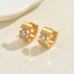 Индийский Розовый Плоские круглые серьги-кольца из нержавеющей стали, со стразами, золотые, индийский розовый, 14x7 мм