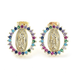 Golden Brass Micro Pave Colorful Cubic Zirconia Stud Earrings for Women, Oval with Virgin Mary, Golden, 13x12mm