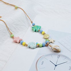 Другие Подвеска в форме ракушки из керамики, морской звезды и смолы, регулируемые ожерелья из хлопкового шнура для женщин, туманная роза, 20.31 дюйм (51.6 см)