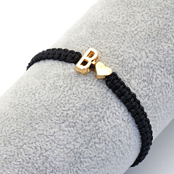 Letter B Браслеты из плетеных бусин из сплава, Браслеты из хлопкового шнура, плетеные для пары., сердце и алфавит, чёрные, золотые, В письме, 6.30~11.81 дюйм (16~30 см)