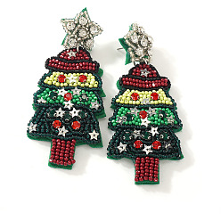 Разноцветный Серьги-гвоздики ручной работы из стеклянных бусин в виде рождественской елки со звездой., с фурнитурой из нержавеющей стали и стразами., красочный, 85x53 мм