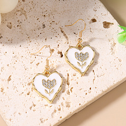 Blanco Cuelga los pendientes de diamantes de imitación de aleación, corazón con la flor, con esmalte, dorado, blanco, 40x20 mm