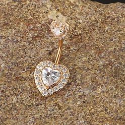 Золотой 304 кольца из нержавеющей стали живота, с микро проложить кубического циркония, сердце, золотые, штифты : 1.6x10 мм