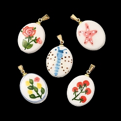 Golden Handmade Porcelain Pendants, with 304 Stainless Steel Snap on Bails, Hand Painted, Oval with Art Pattern Charms, Golden, 25x18x9mm, Hole: 6x2.5mm