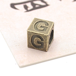 Letter G Европейские бусины из антикварного бронзового сплава, бусины с большим отверстием, куб с письмом, Буква G, 7x7x7 мм, отверстие : 5 мм
