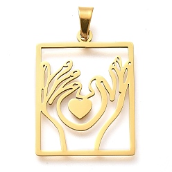 Настоящее золото 18K 304 подвески из нержавеющей стали, лазерная резка, прямоугольник с подвеской в виде руки и сердца, ионное покрытие (ip), реальный 18 k позолоченный, 33x24.5x1 мм, отверстие : 7x4 мм