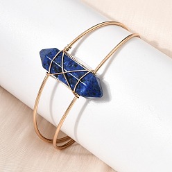 Ляпис-Лазурь Браслеты-манжеты для женщин из натурального лазурита с шестигранными концами, обмотанные латунной проволокой., внутренний диаметр: 2.34x1.79 дюйм (5.95x4.55 см)