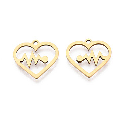 Настоящее золото 18K 201 подвески из нержавеющей стали, чары сердцебиения, лазерная резка, реальный 18 k позолоченный, 14.5x15.5x1 мм, отверстие : 1.4 мм