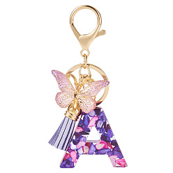 Letter A Брелоки-подвески в виде бабочек из смолы, с замшевыми кисточками и фурнитурой из сплава., для аксессуаров сумки для ключей от машины, золотые, синий фиолетовый, буква a, 105 мм