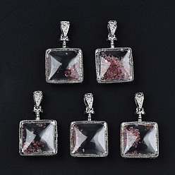 Deep Pink Transparent Glass Square Pendants, with Druzy Agate Chip Beads Inside and Brass Findings, Platinum, Deep Pink, 39x27x14mm, Hole: 9mm