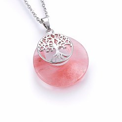 Вишневый Кварц Плоские круглые подвески из вишневого кварцевого стекла, латунные обереги «Древо жизни», платина, 33x28x6 мм