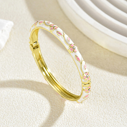 White Zinc Alloy Enamel Flower Hinged Cuff Bangles for Women, Golden, White, Inner Diameter: 2.36 inch(6cm)~2.76 inch(7cm)