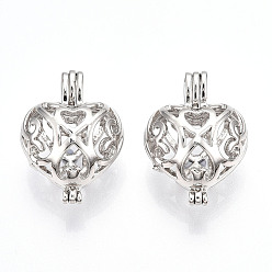 Платина Подвески латуни медальон, без никеля , подвески в виде клетки для бус, полый, сердце, платина, 24x17x10.5 мм, отверстие : 3 мм, внутренней меры: 11x14 мм