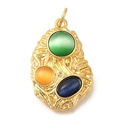 Oval Латунные подвески, с кошачий глаз, реальный 14 k позолоченный, овальные, 24x16x5 мм, отверстие : 3 мм