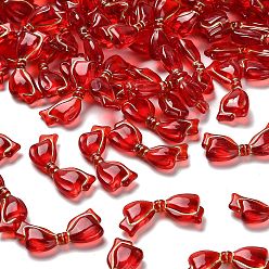 Красный Прозрачные акриловые бусины, бантом, золотой металл обвитыми, красные, 13.5x29x6 мм, отверстие : 1.6 мм, Около 472 шт / 500 г