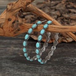 Turquoise Synthetic Turquoise Big Ring Stud Earrings, Antique Silver Boho Zinc Alloy Half Hoop Earrings, Turquoise, 46x5mm