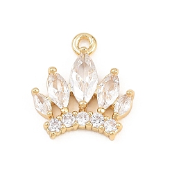 Настоящее золото 18K Латунные микропаве прозрачные подвески с фианитом, корона прелести, реальный 18 k позолоченный, 15.5x14.5x3 мм, отверстие : 1.4 мм