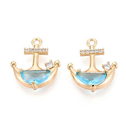 Настоящее золото 18K Латунные микро проложить кубического циркония подвески, якорь, реальный 18 k позолоченный, 16x13.5x4 мм, отверстие : 1.2~1.4 мм