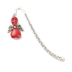 Red Skull with Wing Dyed Synthetic Turquoise Bookmarks, Tibetan Style Alloy Bookmarks, Red, 84mm, Skull: 29x20x9.5mm