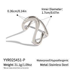 Stainless Steel Color Wave 304 Stainless Steel Cuff Open Rings for Women, Stainless Steel Color, 17mm