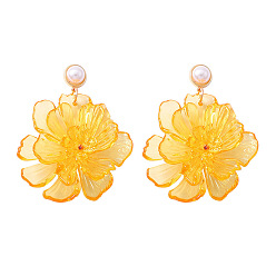Gold Transparent Acrylic Flower Dangle Earrings, Alloy Imitation Pearl Top Stud Earrings, 304 Stainless Steel Earrings, Golden, Gold, 75x56mm