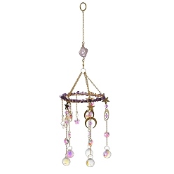 Amatista Atrapasueños colgante de virutas de amatista natural, Luna de metal, estrella y dijes redondos de vidrio para decoración de ventanas y paredes con prismas, 400x106 mm