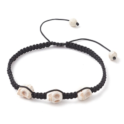 Black Adjustable Dyed Synthetic Turquoise Halloween Skull Braided Bead Bracelets, Black, Inner Diameter: 2-3/8~3-1/2 inch(6~8.8cm)