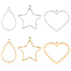 Golden & Stainless Steel Color 304 Stainless Steel Open Back Bezel Pendants, For DIY UV Resin, Epoxy Resin, Pressed Flower Jewelry, Mixed Shapes, Golden & Stainless Steel Color, 6pcs/box