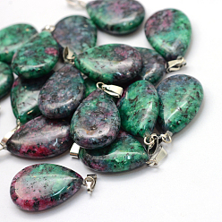 Ruby in Zoisite Teardrop Dyed Natural Ruby in Zoisite Pendants, with Platinum Tone Brass Findings, 25~29x16~17x5~6mm, Hole: 2x7mm