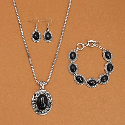 Черный Овальный сплав с подвесками из синтетической бирюзы, серьги-подвески и браслеты-кольца, античное серебро, чёрные, 19.29 дюйм (490 мм)