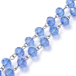 Васильковый Ручной работы гальваническим стеклом бисером цепи, с платиновым покрытием, несварные, васильковый, 39.37 дюйм (100 см), бусины : 8x6 мм