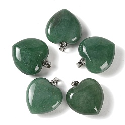 Green Aventurine Natural Green Aventurine Pendants, Heart Charms, with 304 Stainless Steel Snap on Bails, Stainless Steel Color, 32~33x30x14~15mm, Hole: 7.5x4mm